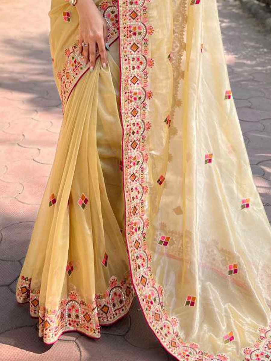 Beige Twill Net Embroidered Party Reception Heavy Border Saree