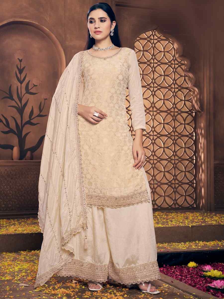 Beige Viscose Chinon Embroidered Festival Wedding Palazzo Pant Salwar Kameez