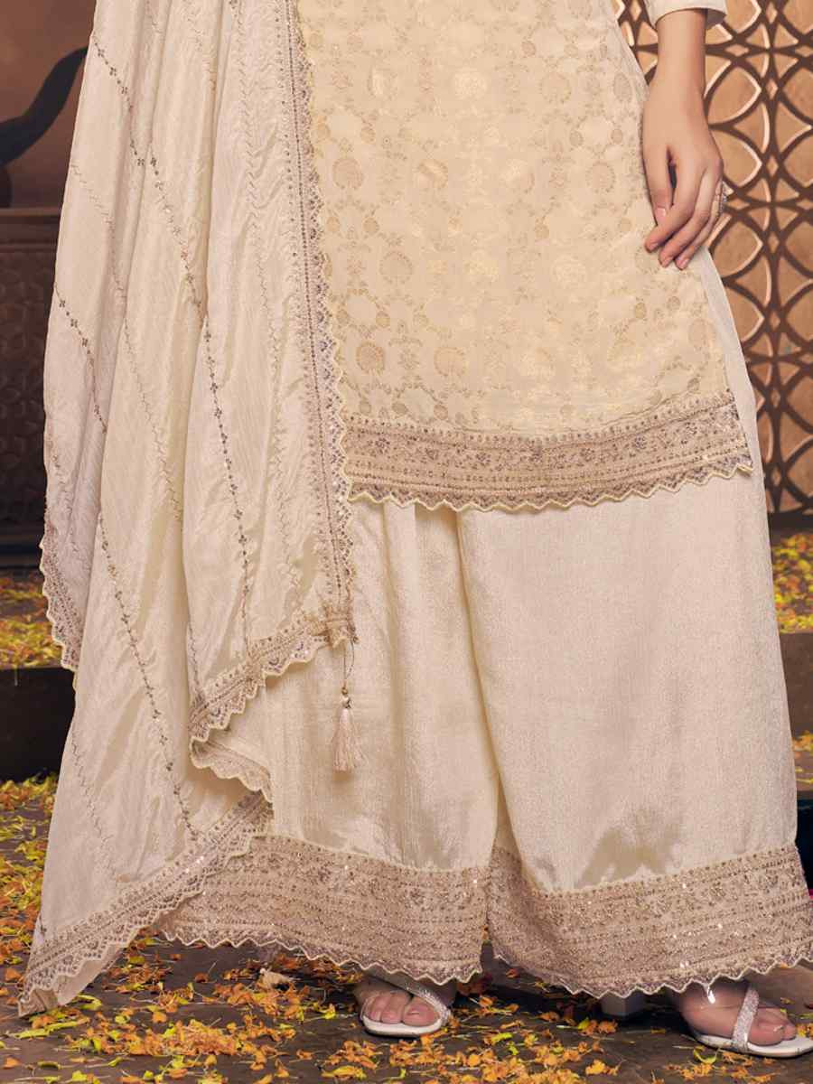 Beige Viscose Chinon Embroidered Festival Wedding Palazzo Pant Salwar Kameez