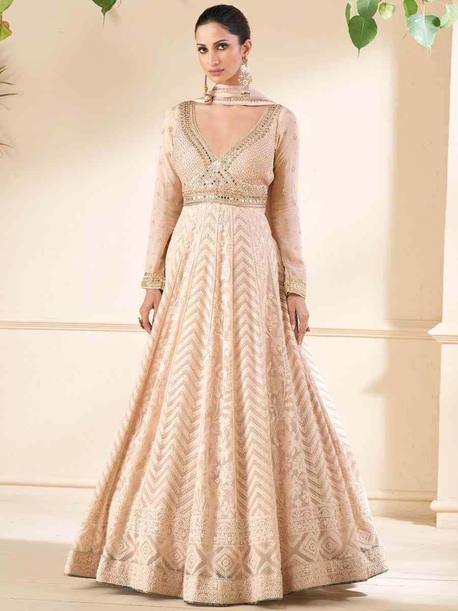 Beige Viscose Jacquard Embroidered Festival Wedding Anarkali Salwar Kameez