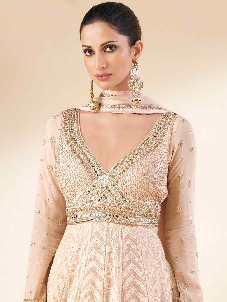 Beige Viscose Jacquard Embroidered Festival Wedding Anarkali Salwar Kameez