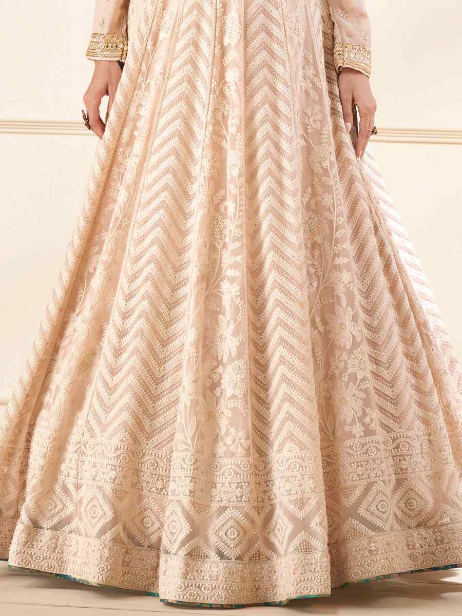 Beige Viscose Jacquard Embroidered Festival Wedding Anarkali Salwar Kameez