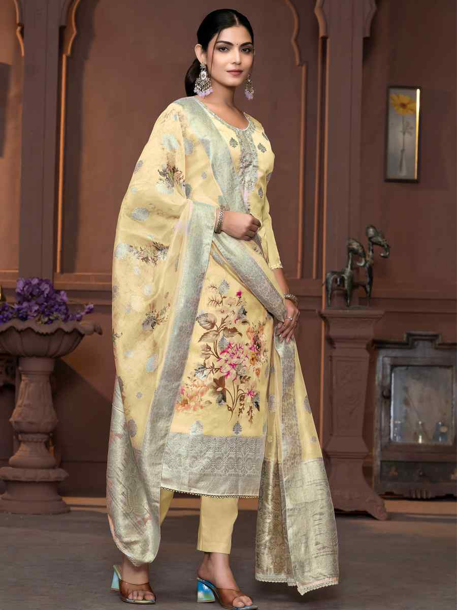 Beige Viscose Organza Embroidered Casual Festival Pant Salwar Kameez