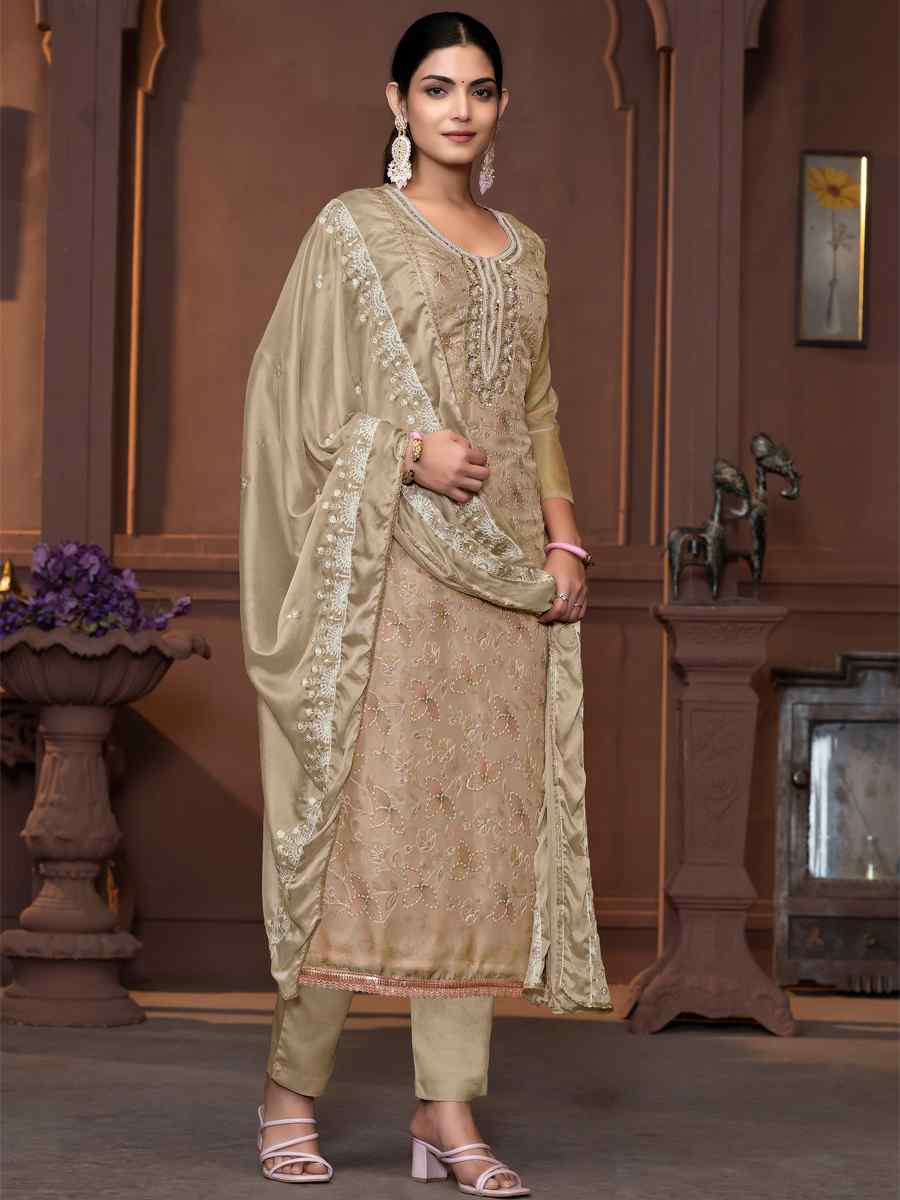 Beige Viscose Organza Embroidered Casual Festival Pant Salwar Kameez