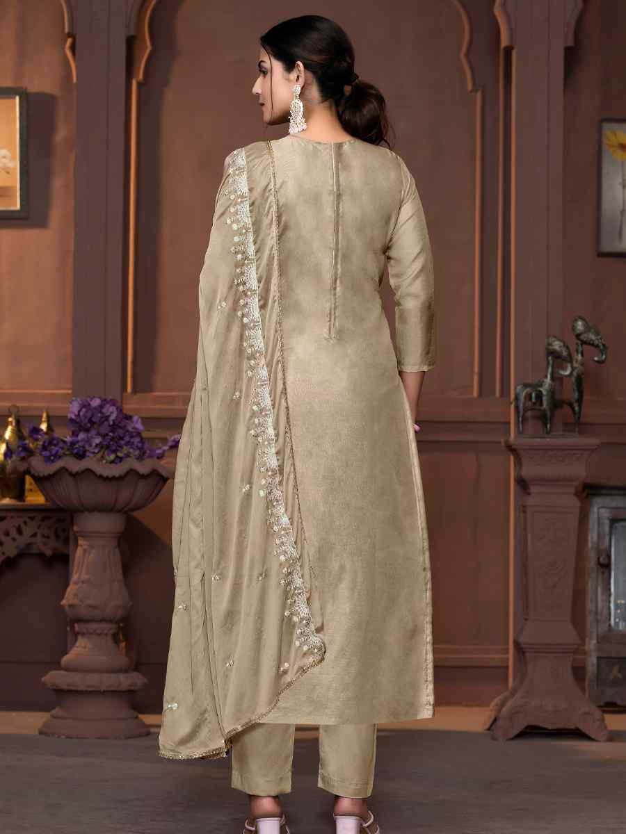 Beige Viscose Organza Embroidered Casual Festival Pant Salwar Kameez