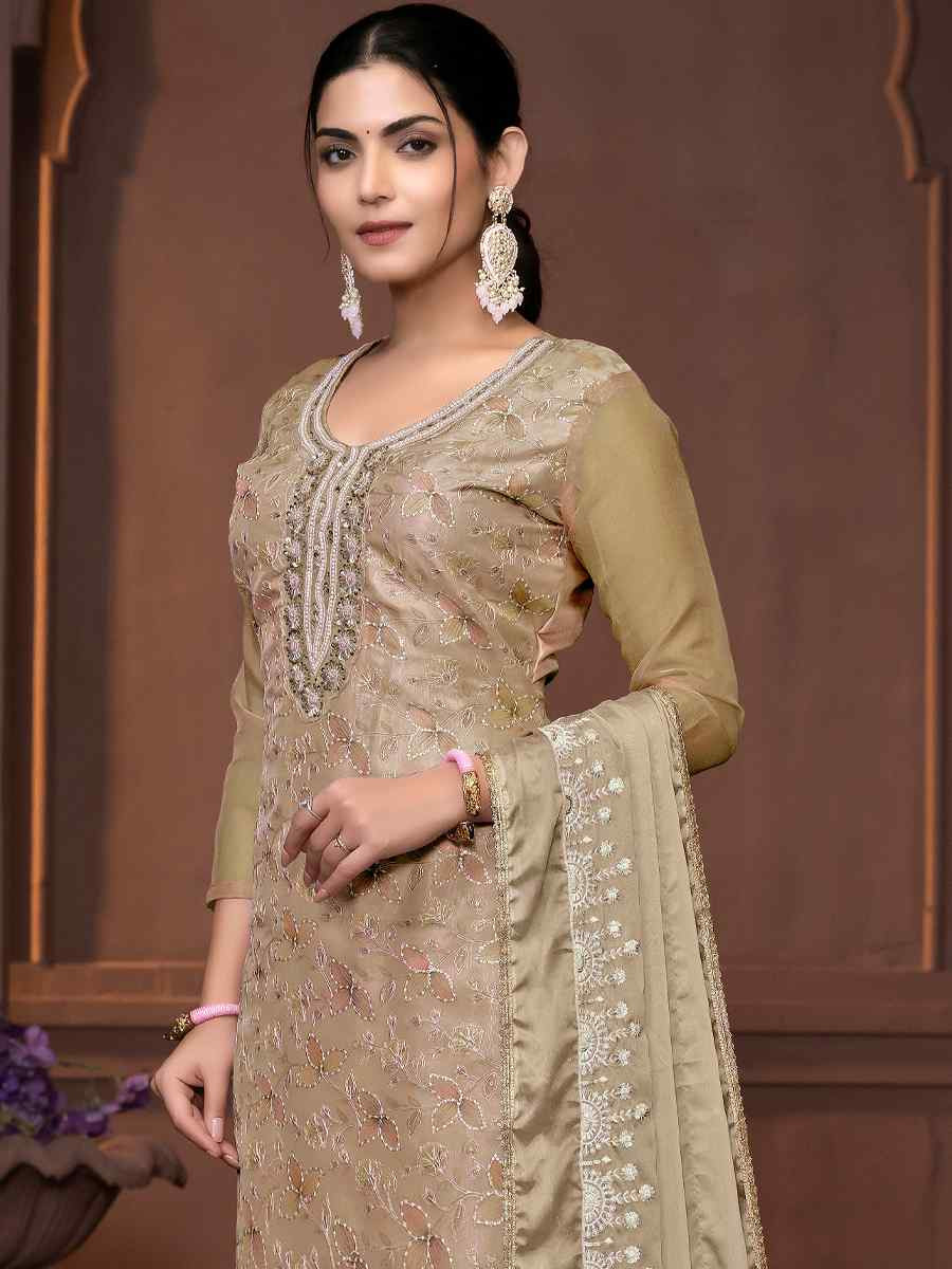 Beige Viscose Organza Embroidered Casual Festival Pant Salwar Kameez