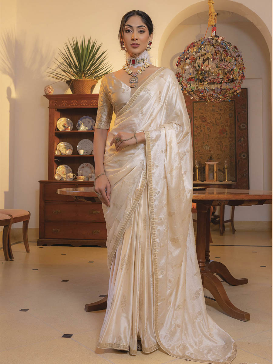 Beige Viscose Satin Silk Embroidery Festival Casual Classic Style Saree