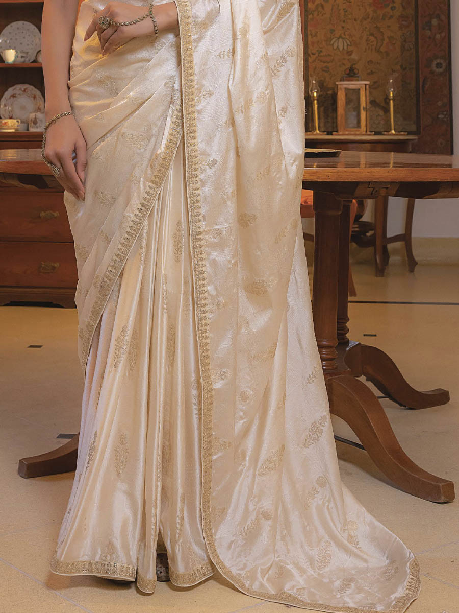 Beige Viscose Satin Silk Embroidery Festival Casual Classic Style Saree