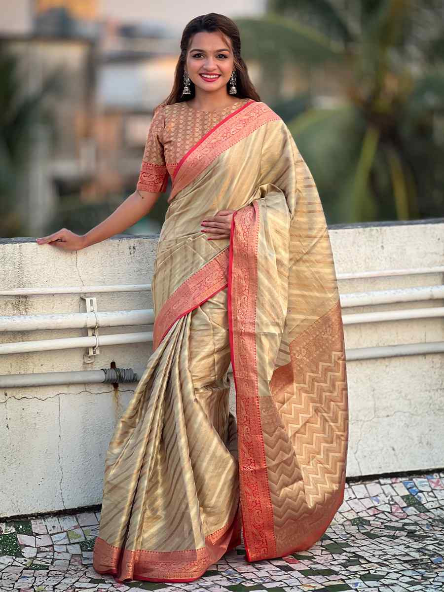 Beige Zari Tissue Handwoven Festival Casual Heavy Border Saree