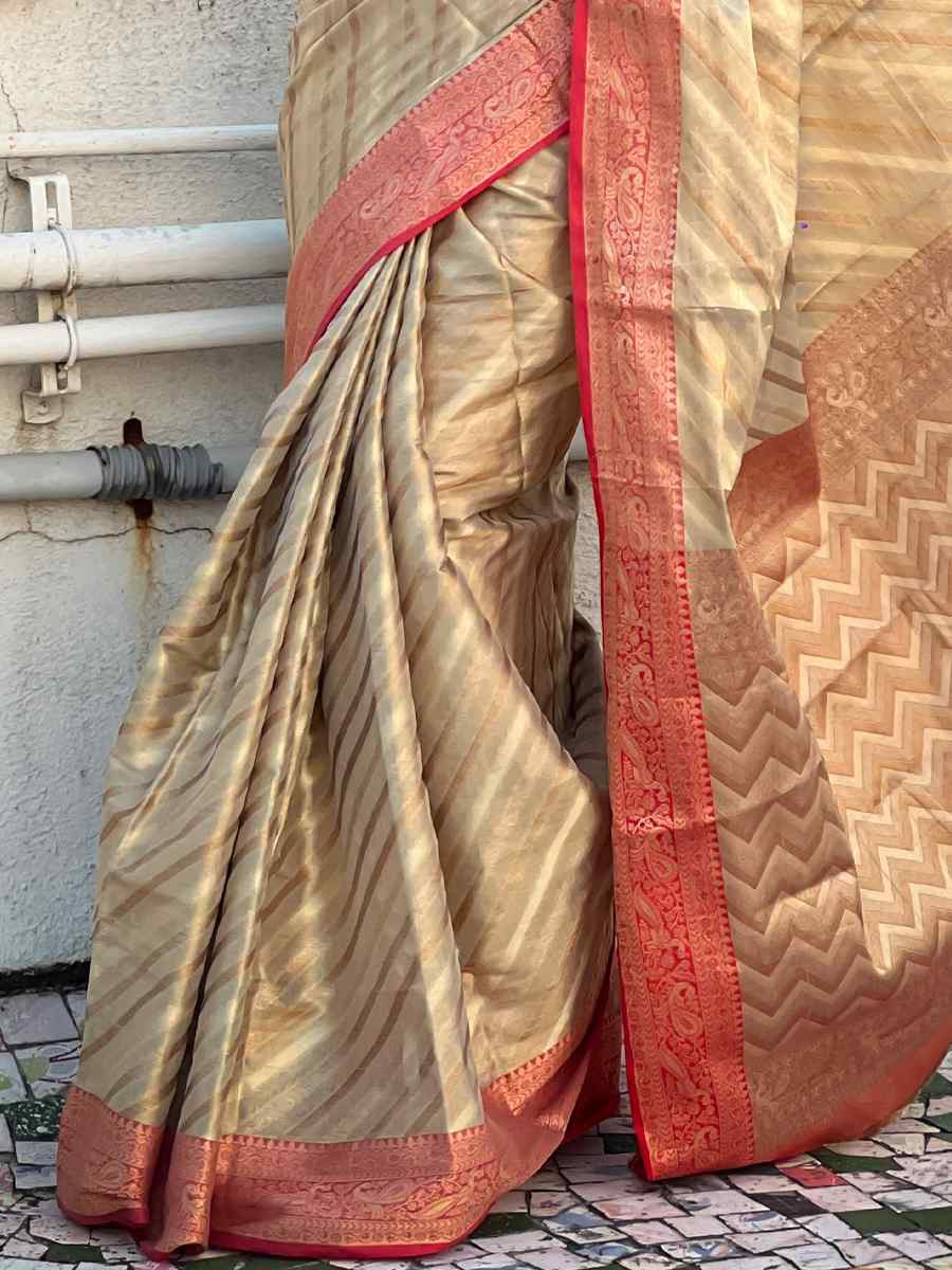 Beige Zari Tissue Handwoven Festival Casual Heavy Border Saree