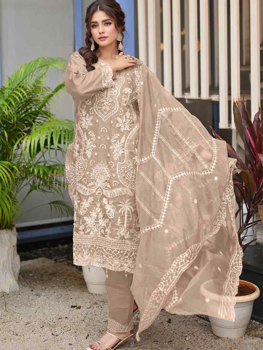 Biege Heavy Organza Embroidered Festival Wedding Pant Ready Salwar Kameez