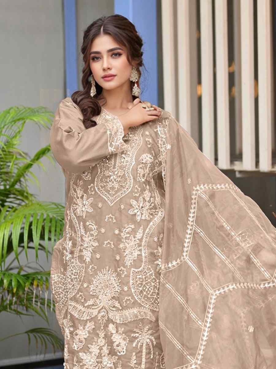 Biege Heavy Organza Embroidered Festival Wedding Pant Ready Salwar Kameez