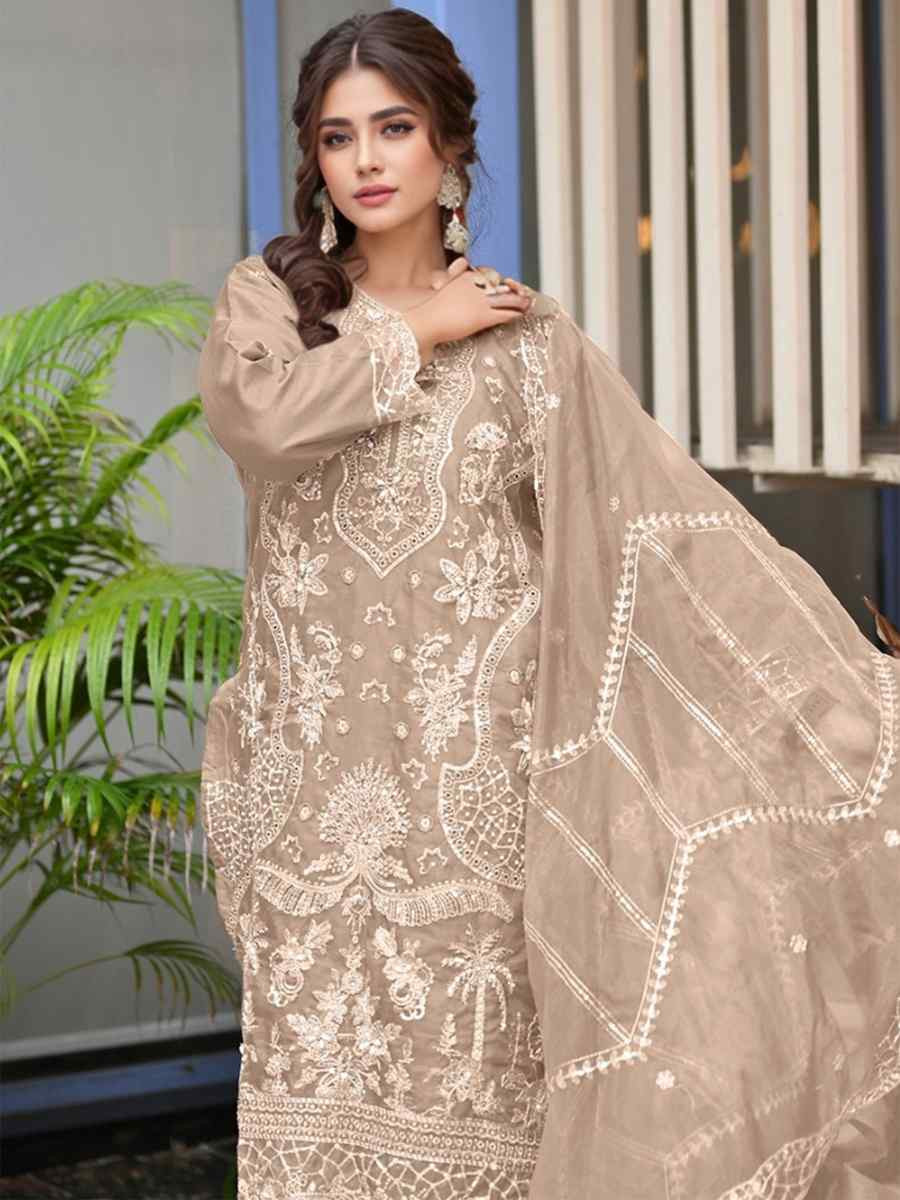 Biege Heavy Organza Embroidered Festival Wedding Pant Ready Salwar Kameez