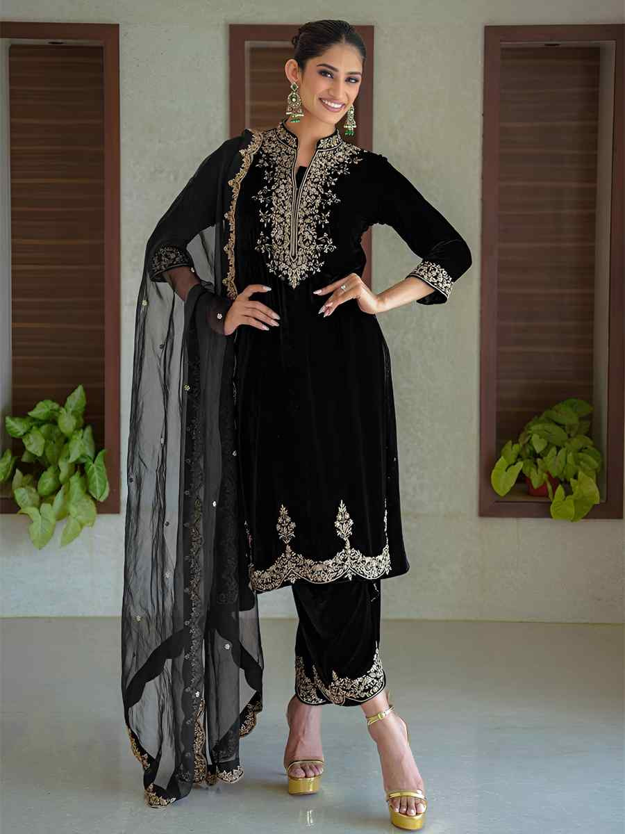 Black  Heavy Viscose Velvet Embroidered Festival Casual Ready Pant Salwar Kameez