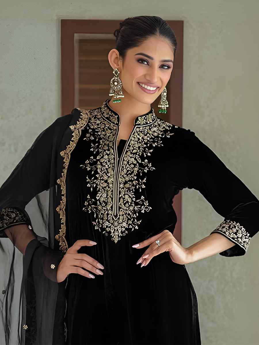 Black  Heavy Viscose Velvet Embroidered Festival Casual Ready Pant Salwar Kameez