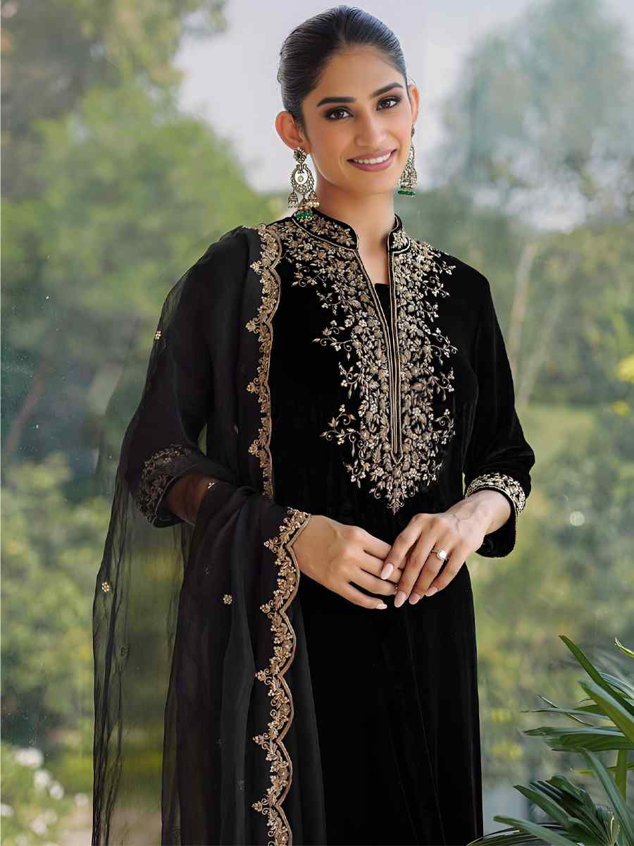 Black  Heavy Viscose Velvet Embroidered Festival Casual Ready Pant Salwar Kameez