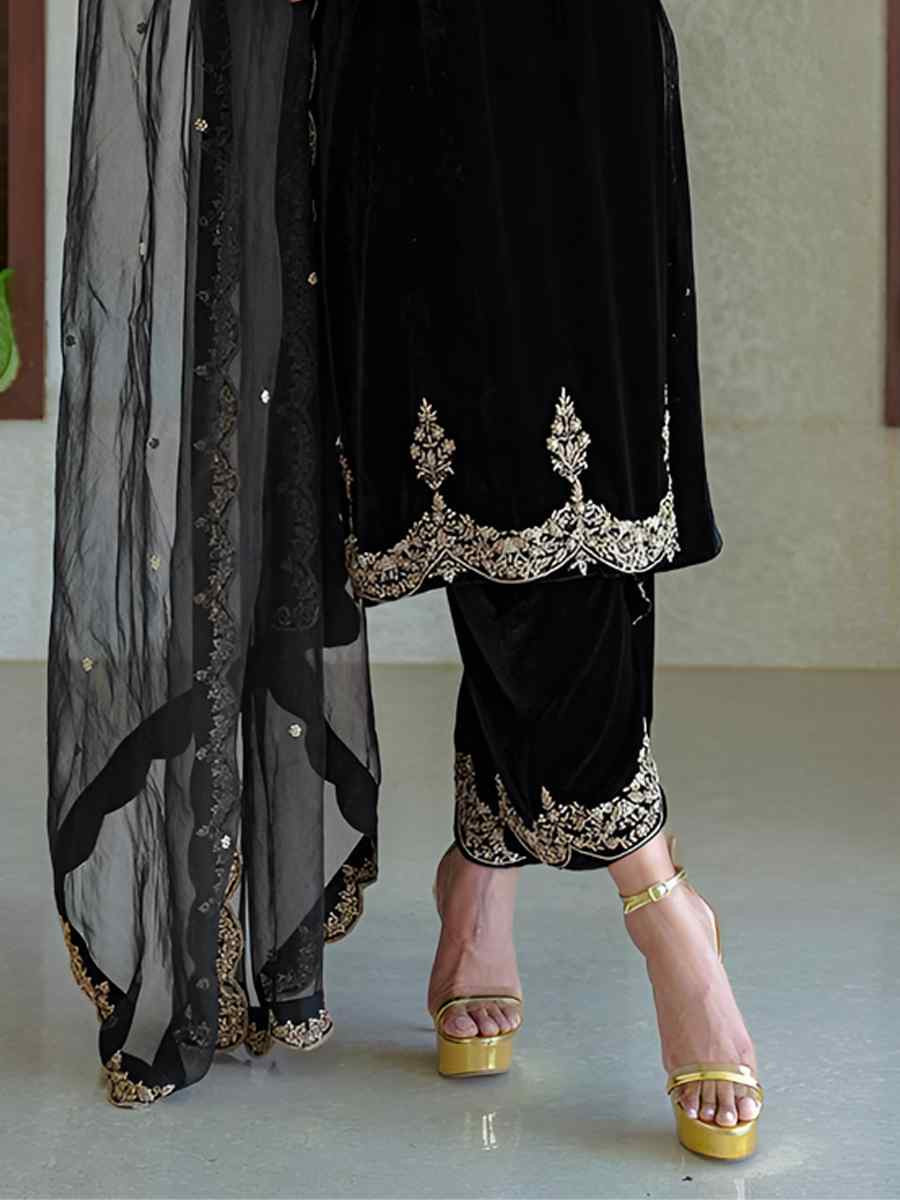 Black  Heavy Viscose Velvet Embroidered Festival Casual Ready Pant Salwar Kameez