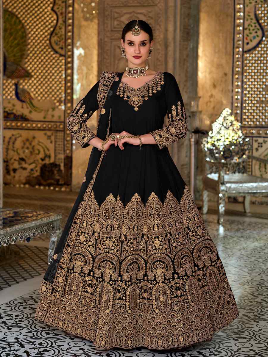 Black 9000 Velvet  Embroidered Festival Wedding Anarkali Salwar Kameez