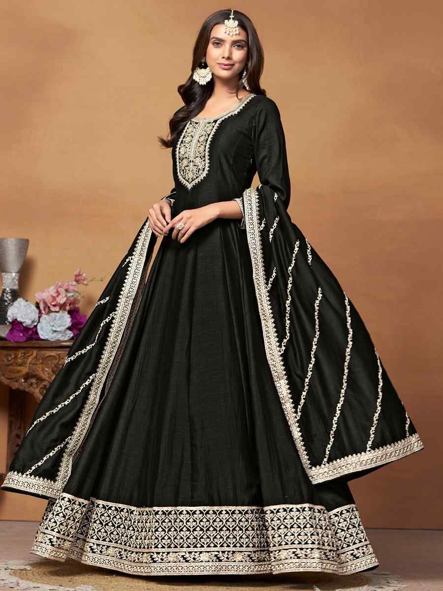 Black Art Silk Embroidered Festival Mehendi Anarkali Salwar Kameez