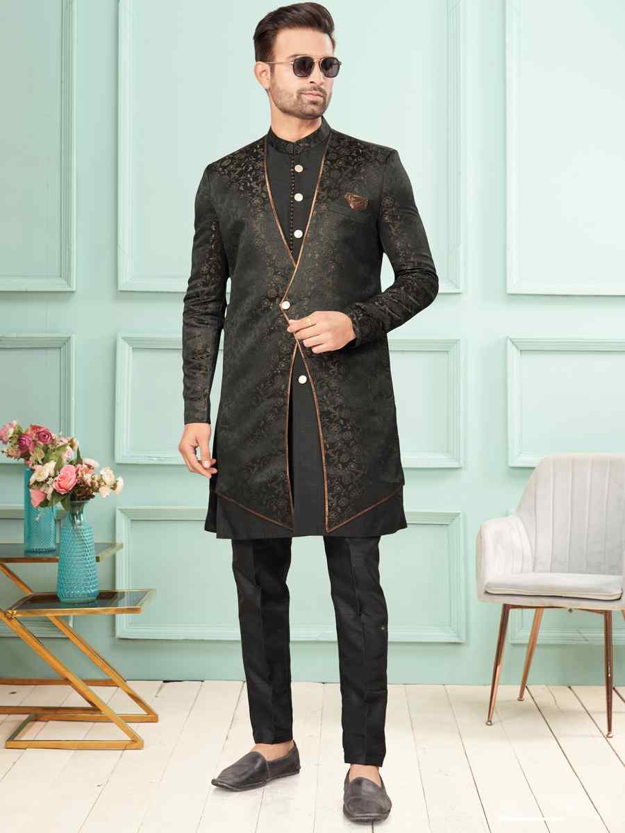 Black Art Silk Embroidered Festival Wedding Kurta