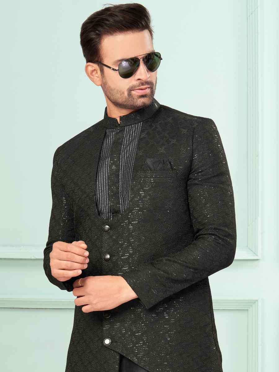 Black Art Silk Embroidered Festival Wedding Kurta