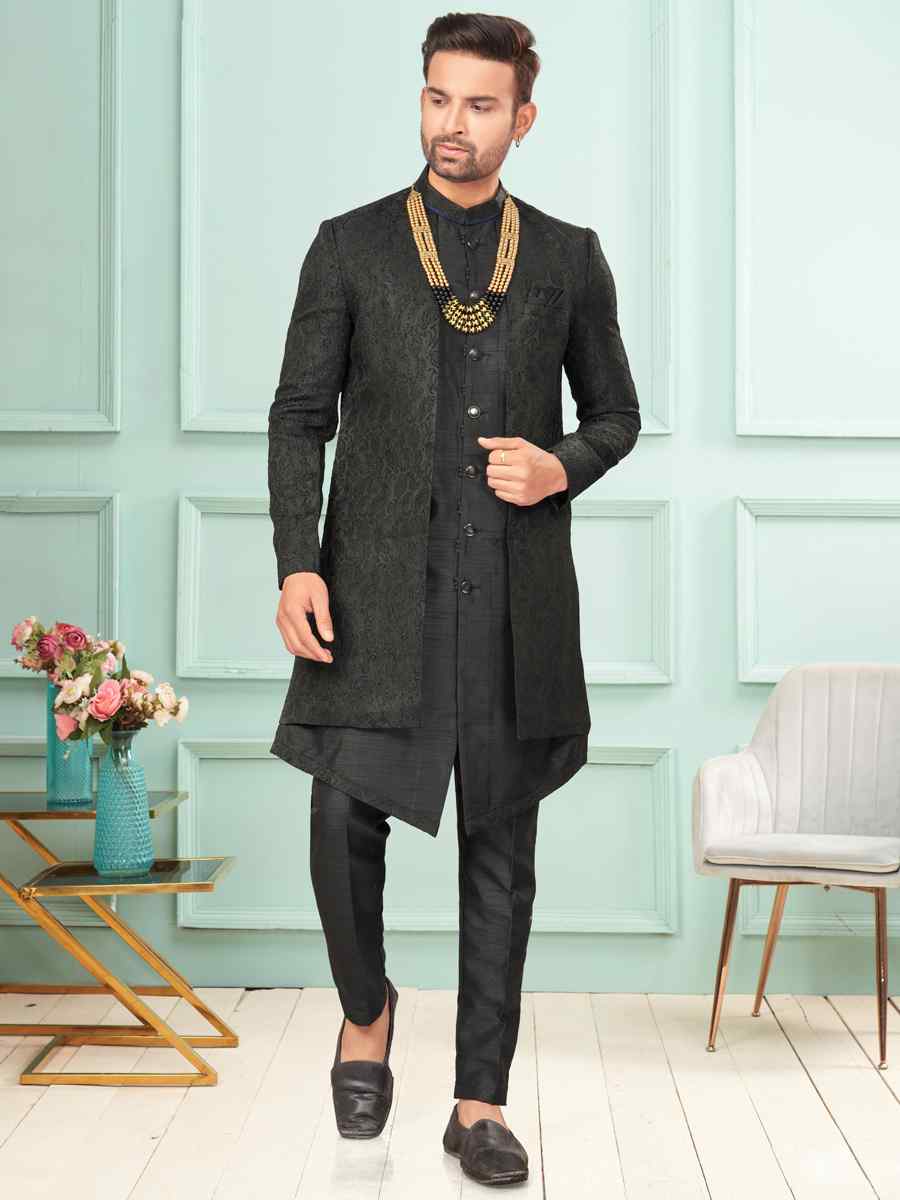 Black Art Silk Embroidered Festival Wedding Kurta