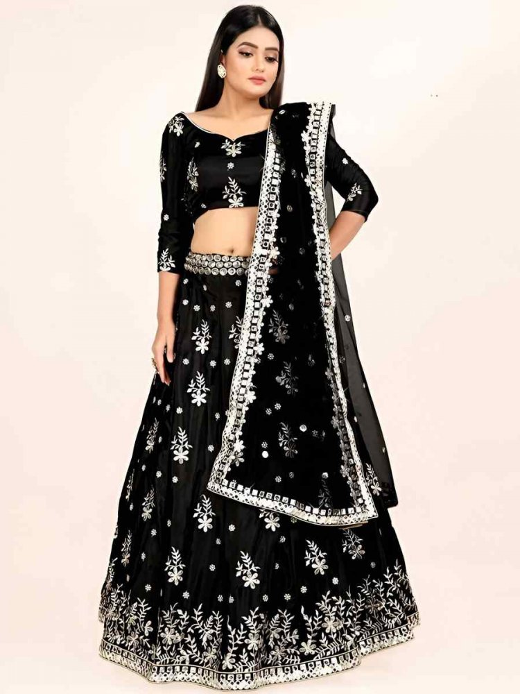 Black Art Silk Embroidery Bridesmaid Wedding Heavy Border Lehenga Choli