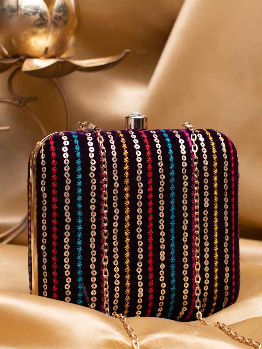 Black Art Silk Party Wear Embroidered Clutches