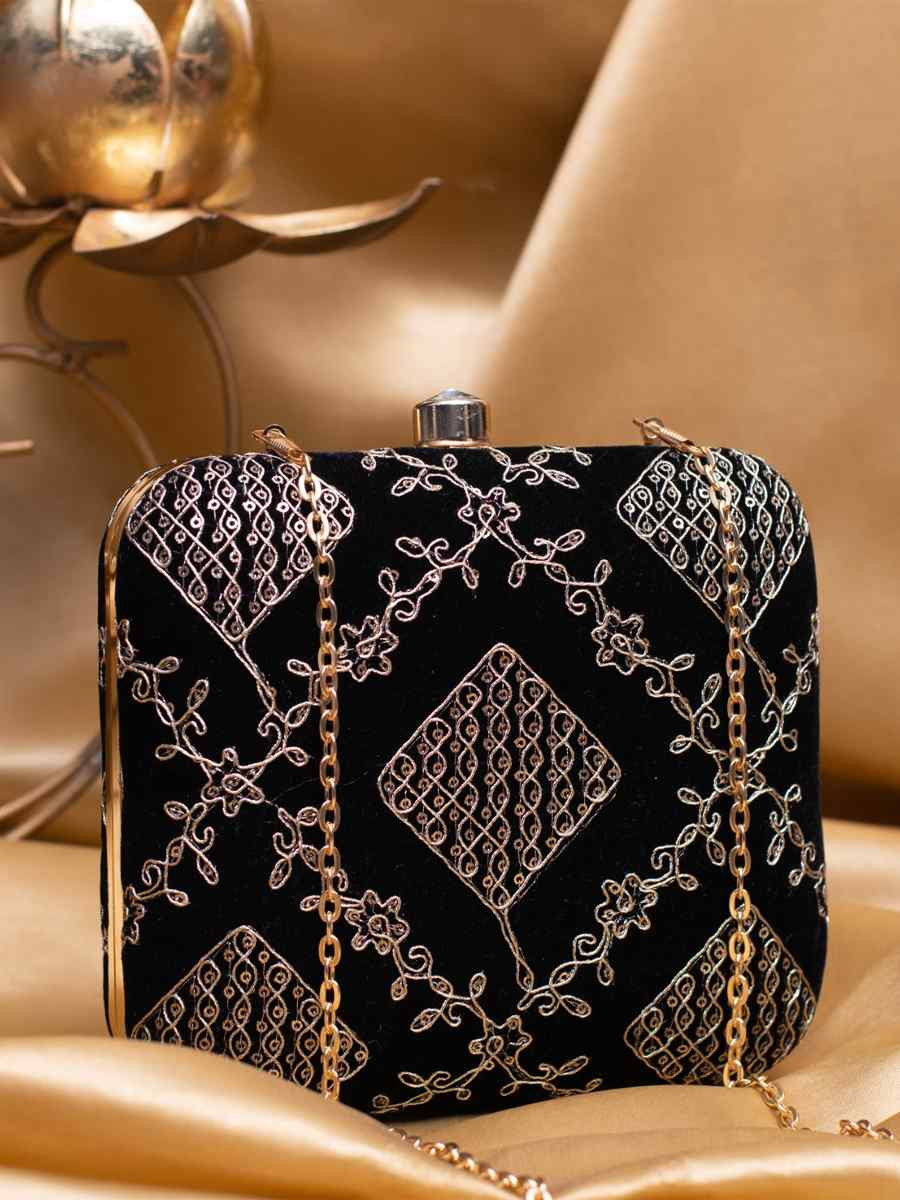 Black Art Silk Party Wear Embroidered Clutches