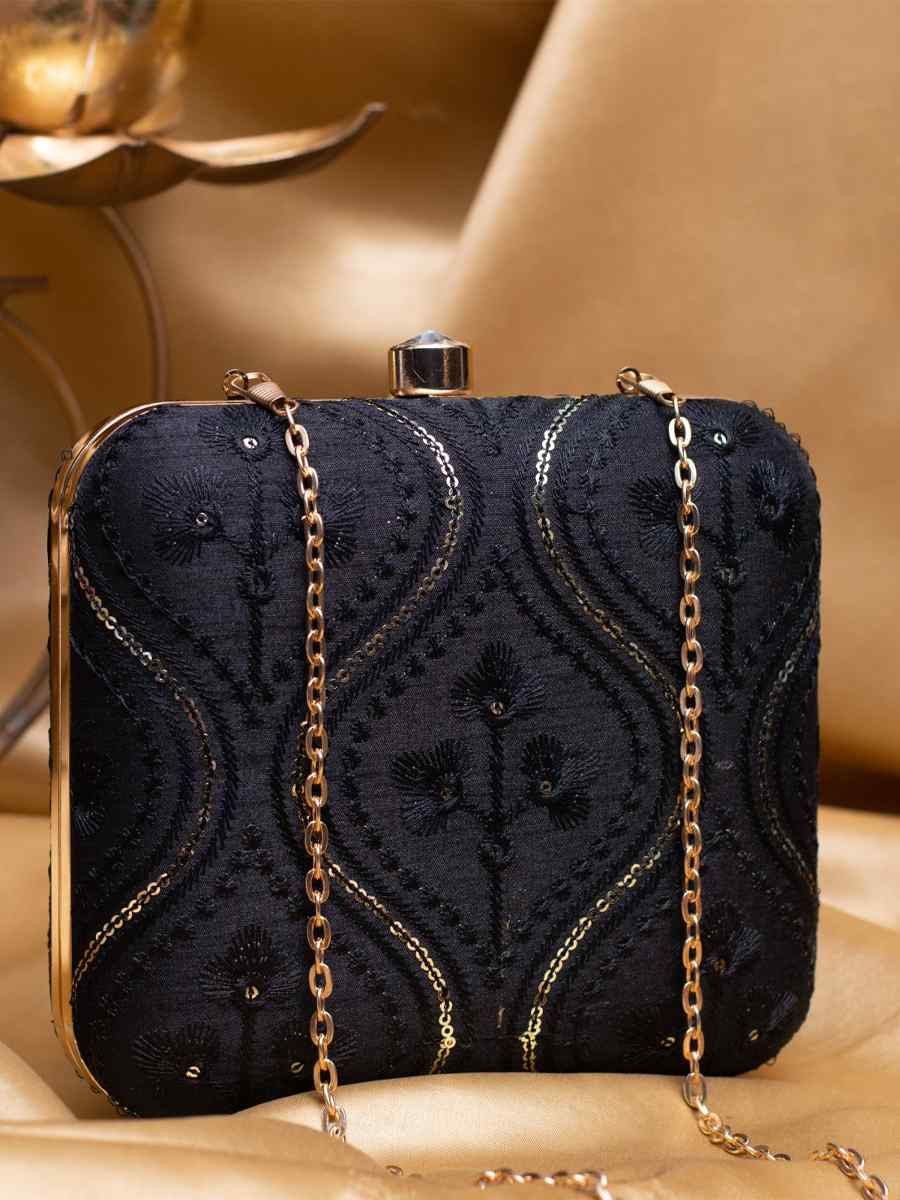 Black Art Silk Party Wear Embroidered Clutches