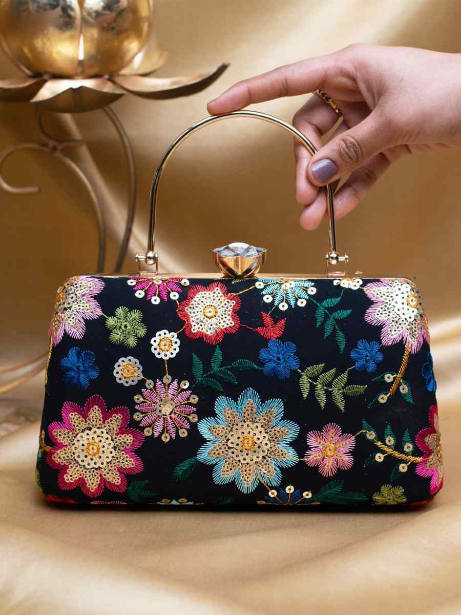 Black Art Silk Party Wear Embroidered Clutches