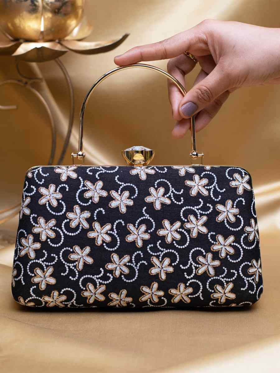 Black Art Silk Party Wear Embroidered Clutches