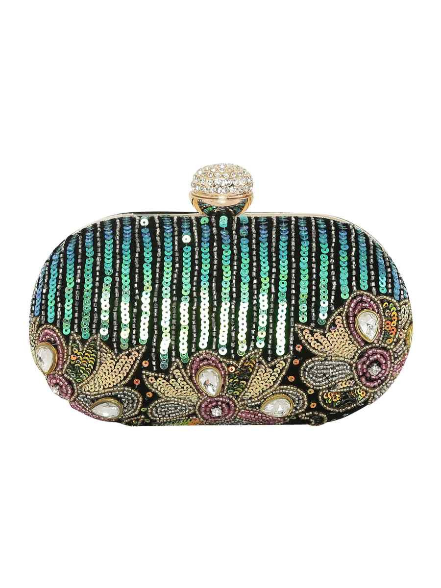 Black Art Silk Party Wear Embroidered Clutches