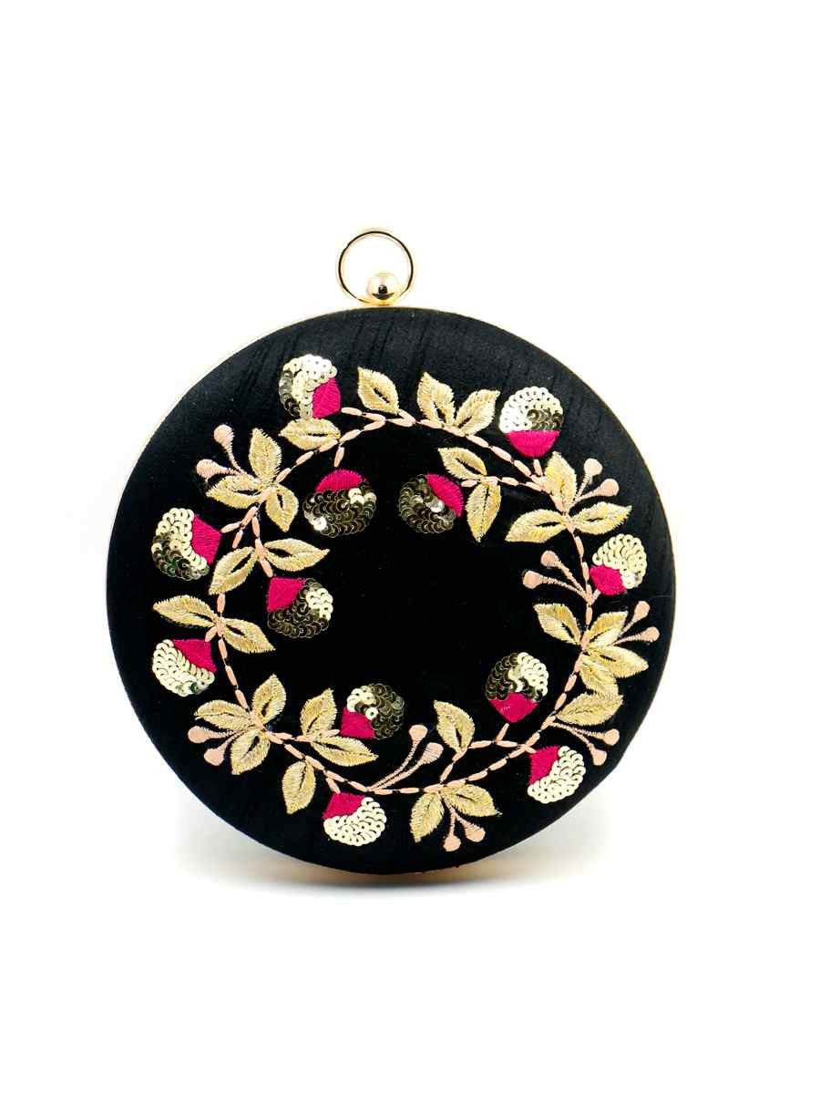 Black Art Silk Party Wear Embroidered Clutches