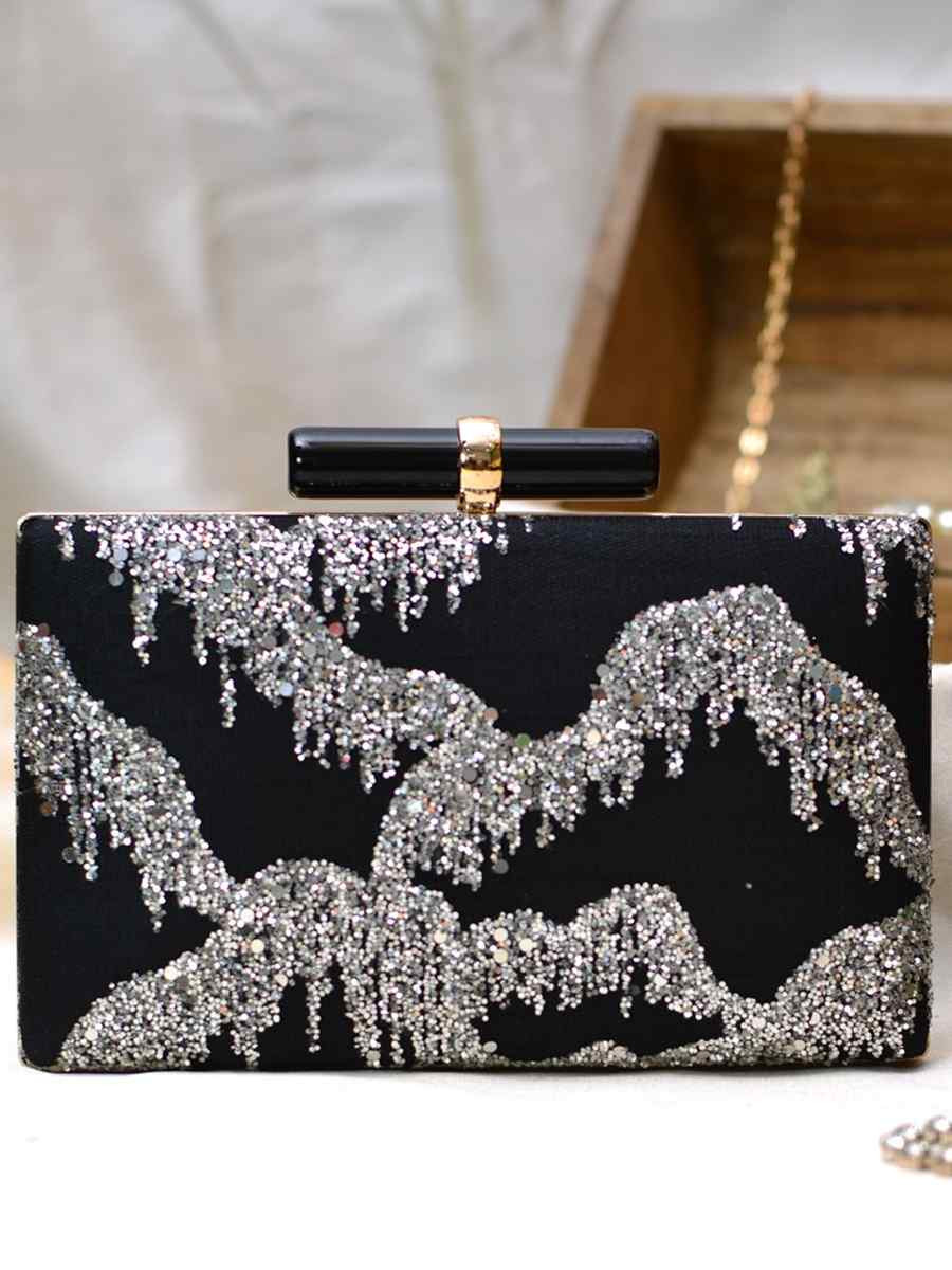 Black Art Silk Party Wear Embroidered Clutches