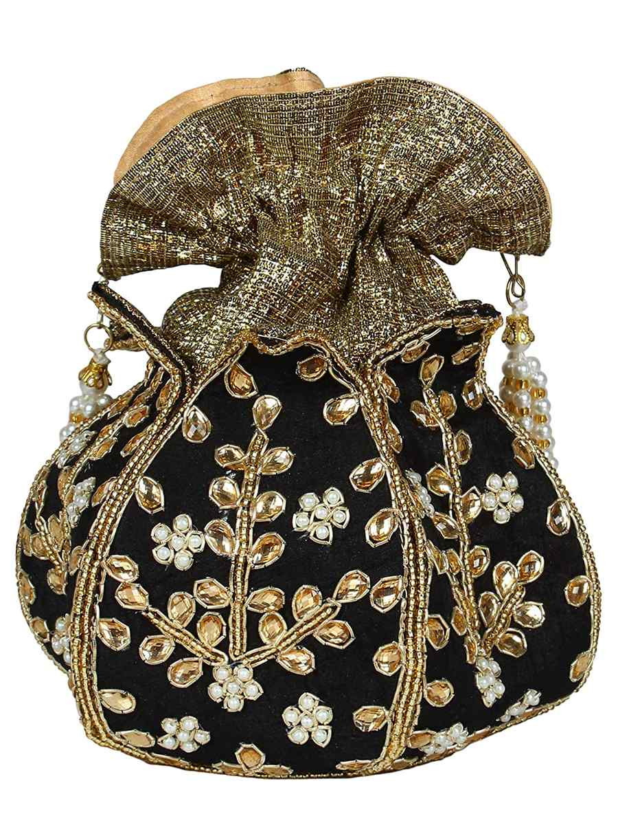 Black Art Silk Party Wear Embroidered Clutches