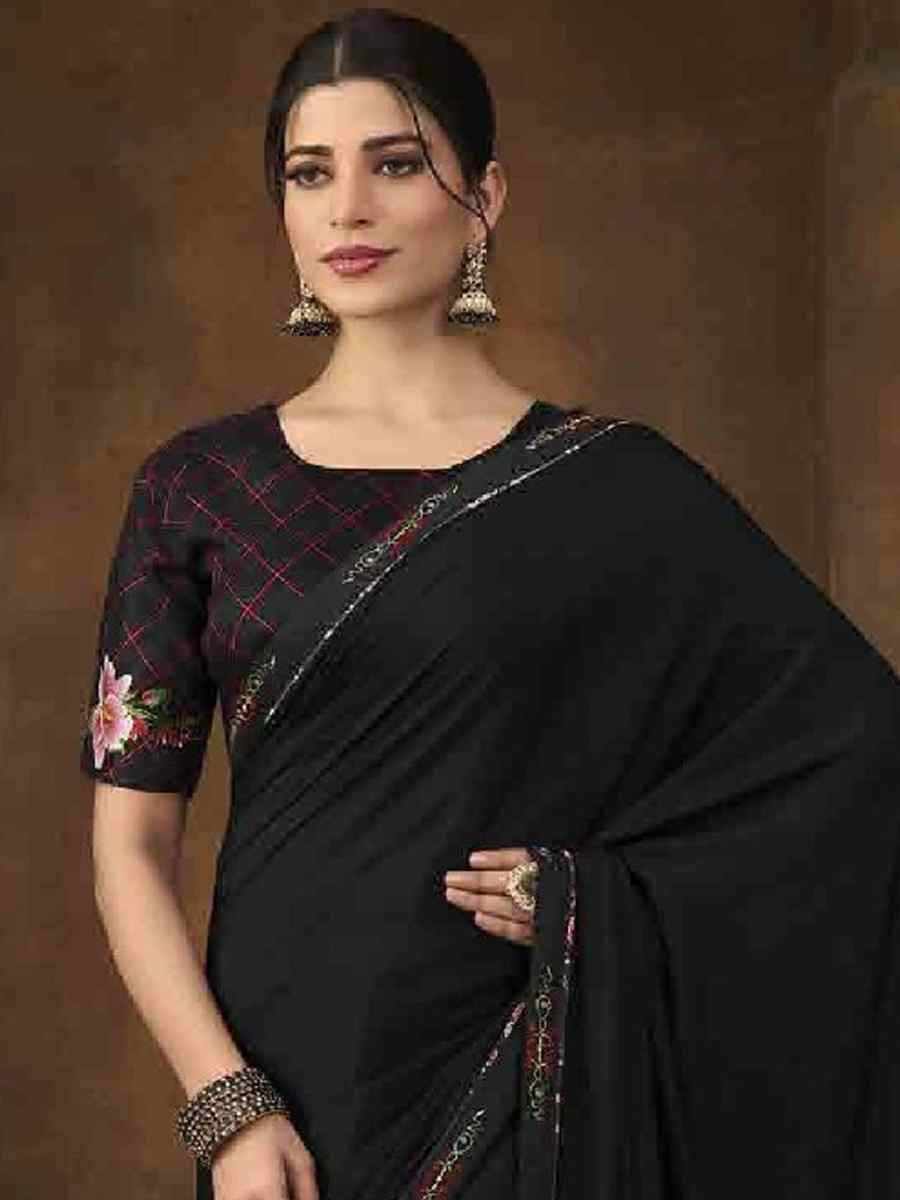 Black Art Silk Printed Festival Casual Contemporary Saree