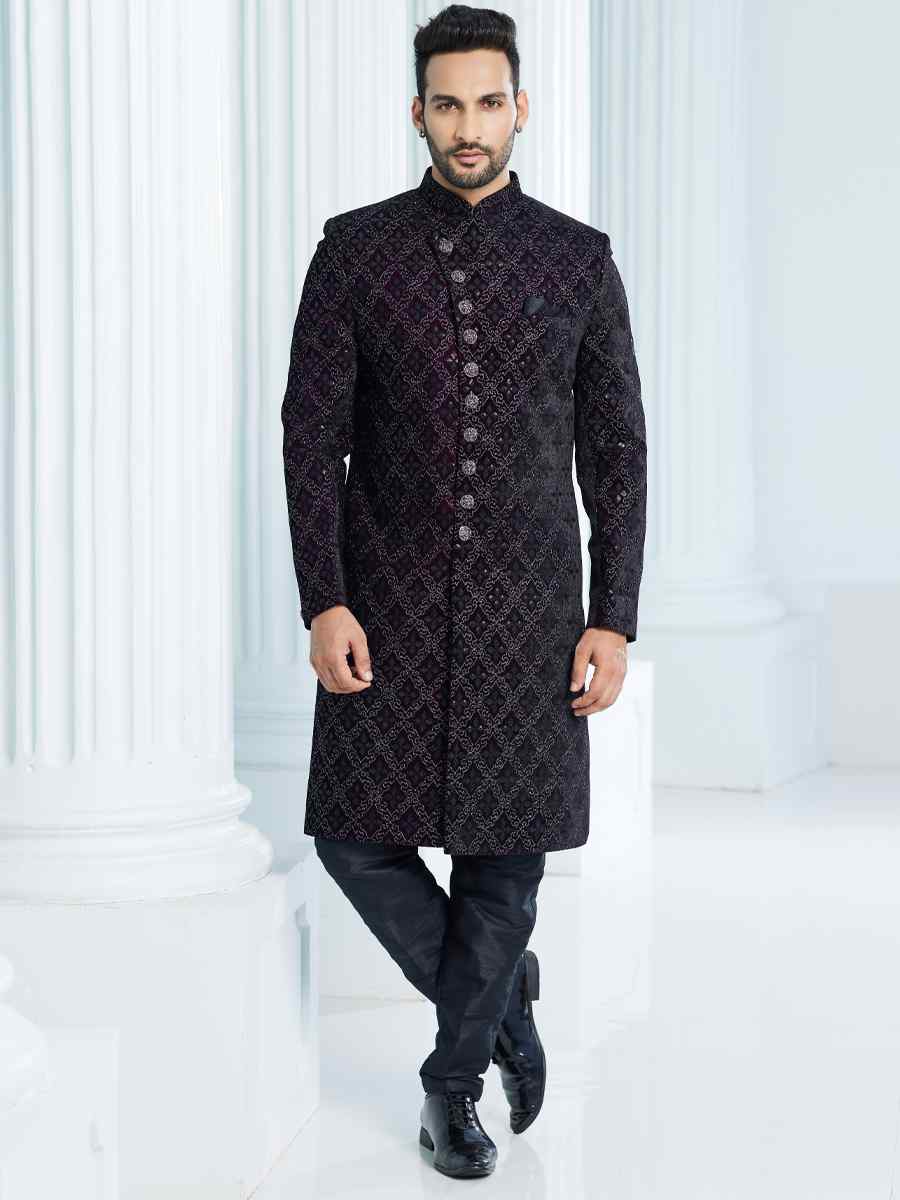 Black Art Silk Woven Wedding Groom Sherwani