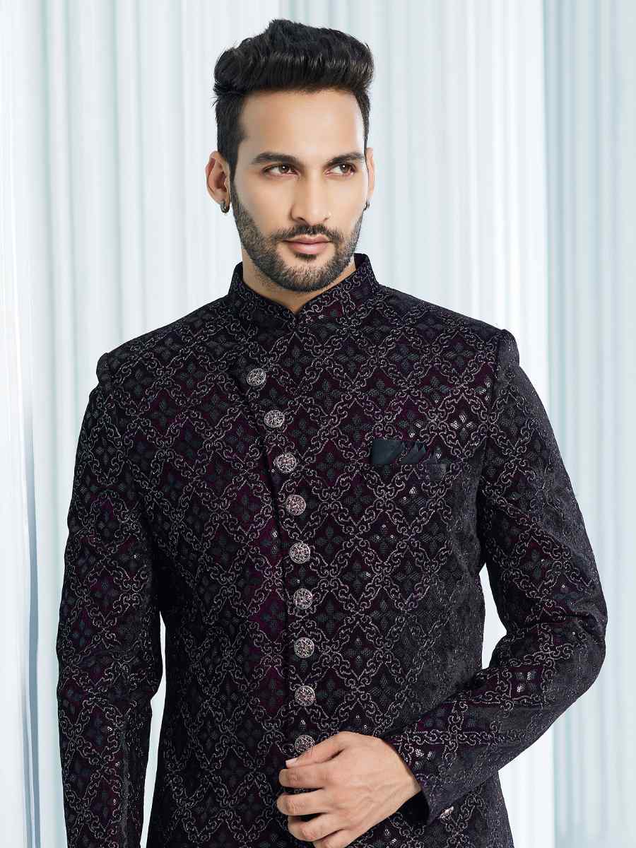 Black Art Silk Woven Wedding Groom Sherwani