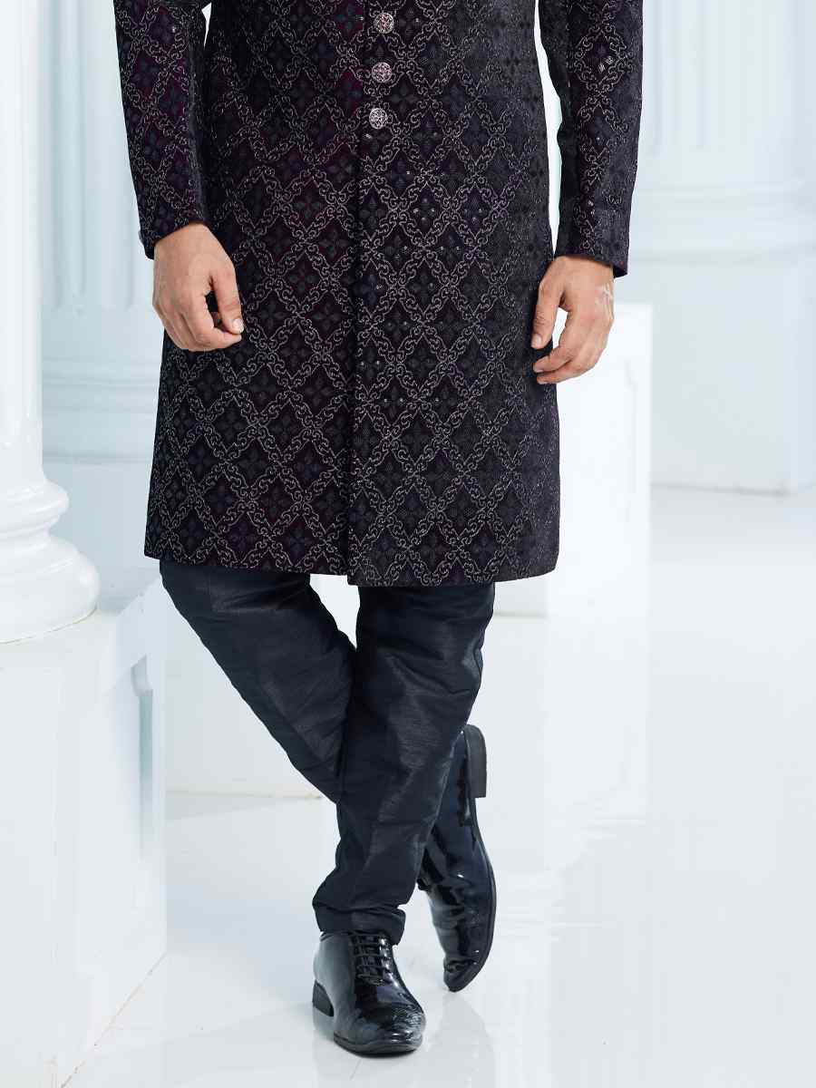 Black Art Silk Woven Wedding Groom Sherwani