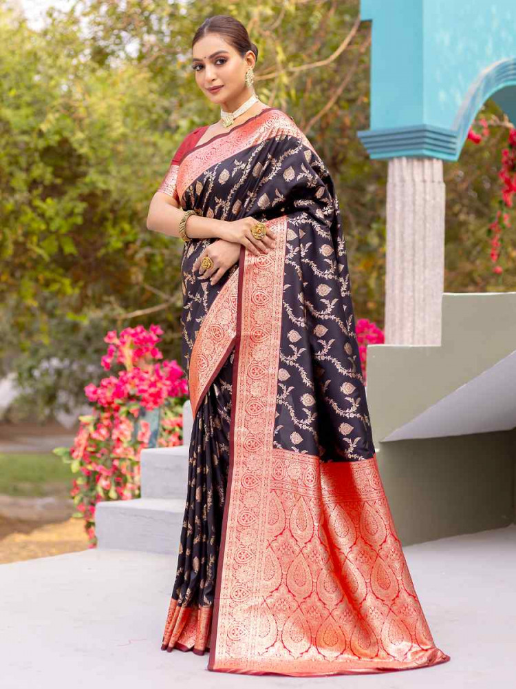 Black Banarasi Satin Silk Handwoven Festival Wedding Heavy Border Saree