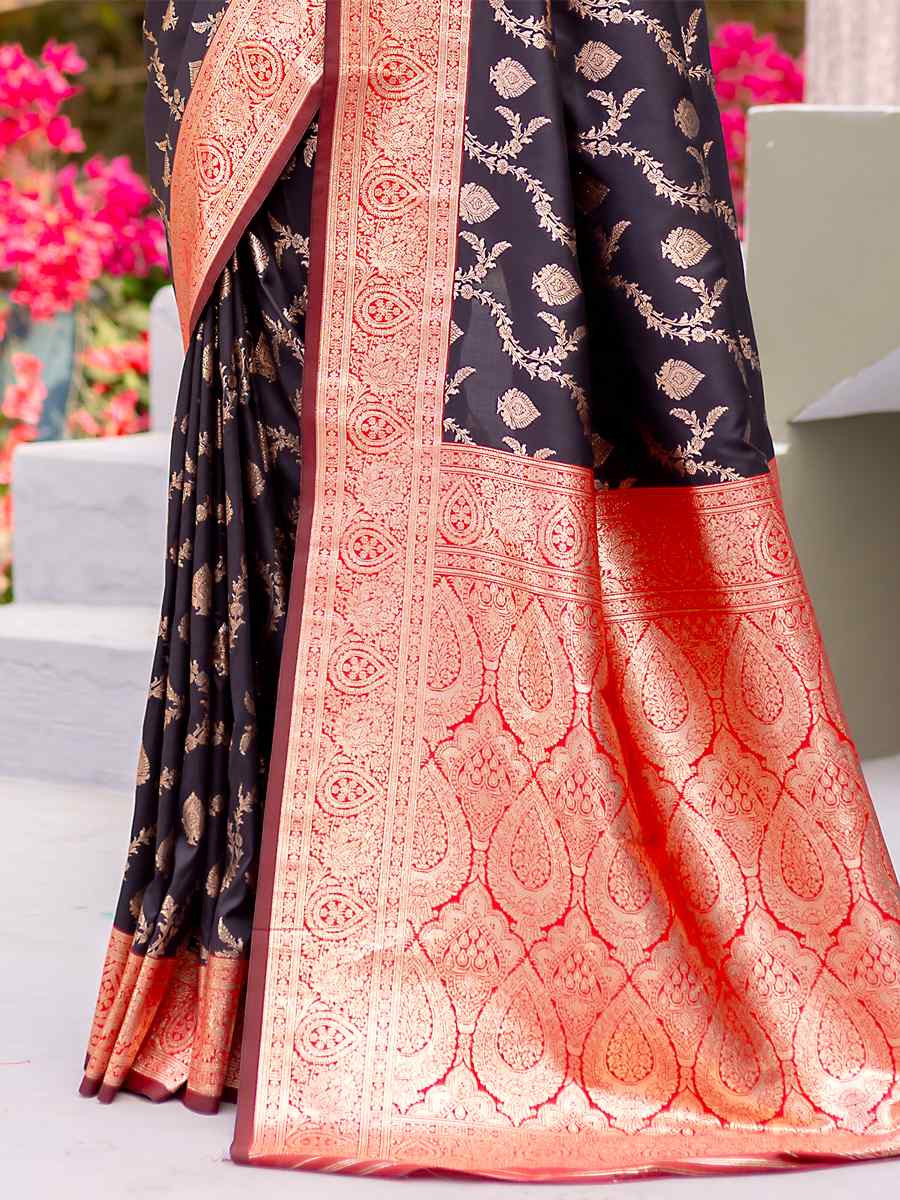 Black Banarasi Satin Silk Handwoven Festival Wedding Heavy Border Saree