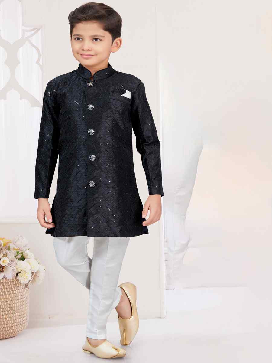 Black Banarasi Silk Embroidered Festival Wedding Kurta Pyjama Boys Wear