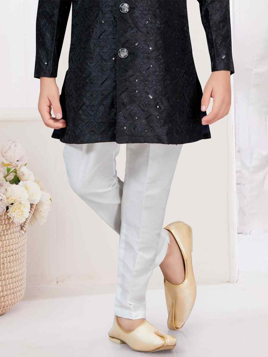 Black Banarasi Silk Embroidered Festival Wedding Kurta Pyjama Boys Wear