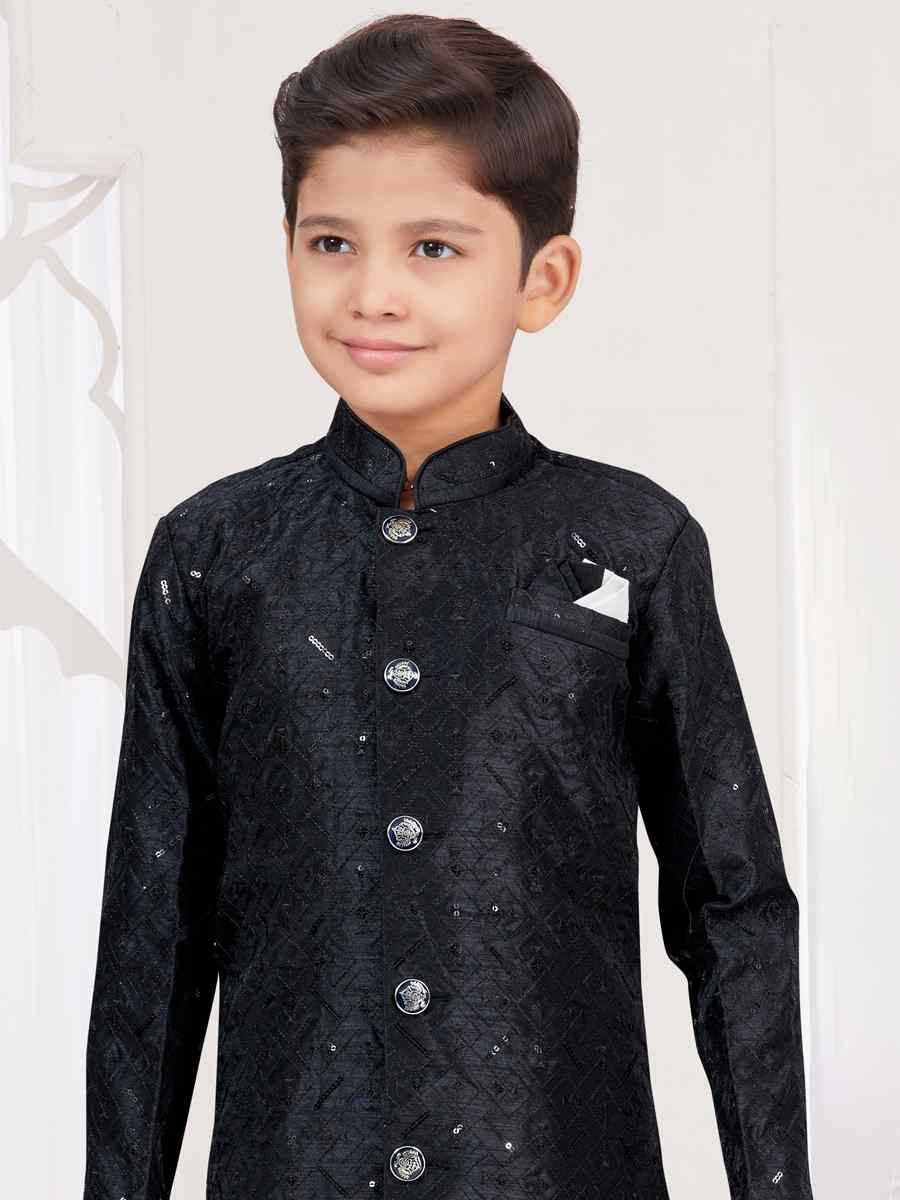 Black Banarasi Silk Embroidered Festival Wedding Kurta Pyjama Boys Wear