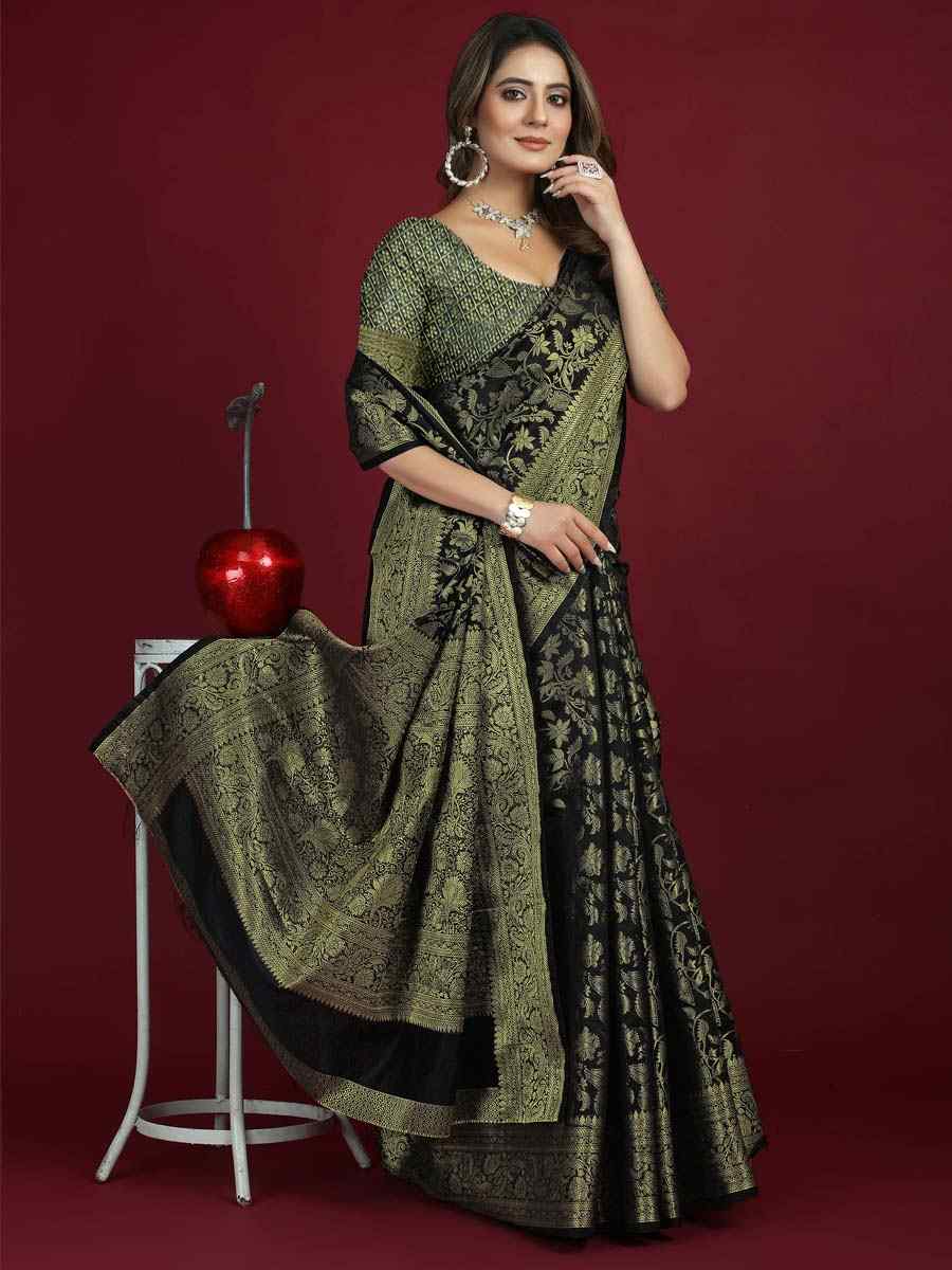 Black Banarasi Silk Handwoven Party Festival Heavy Border Saree