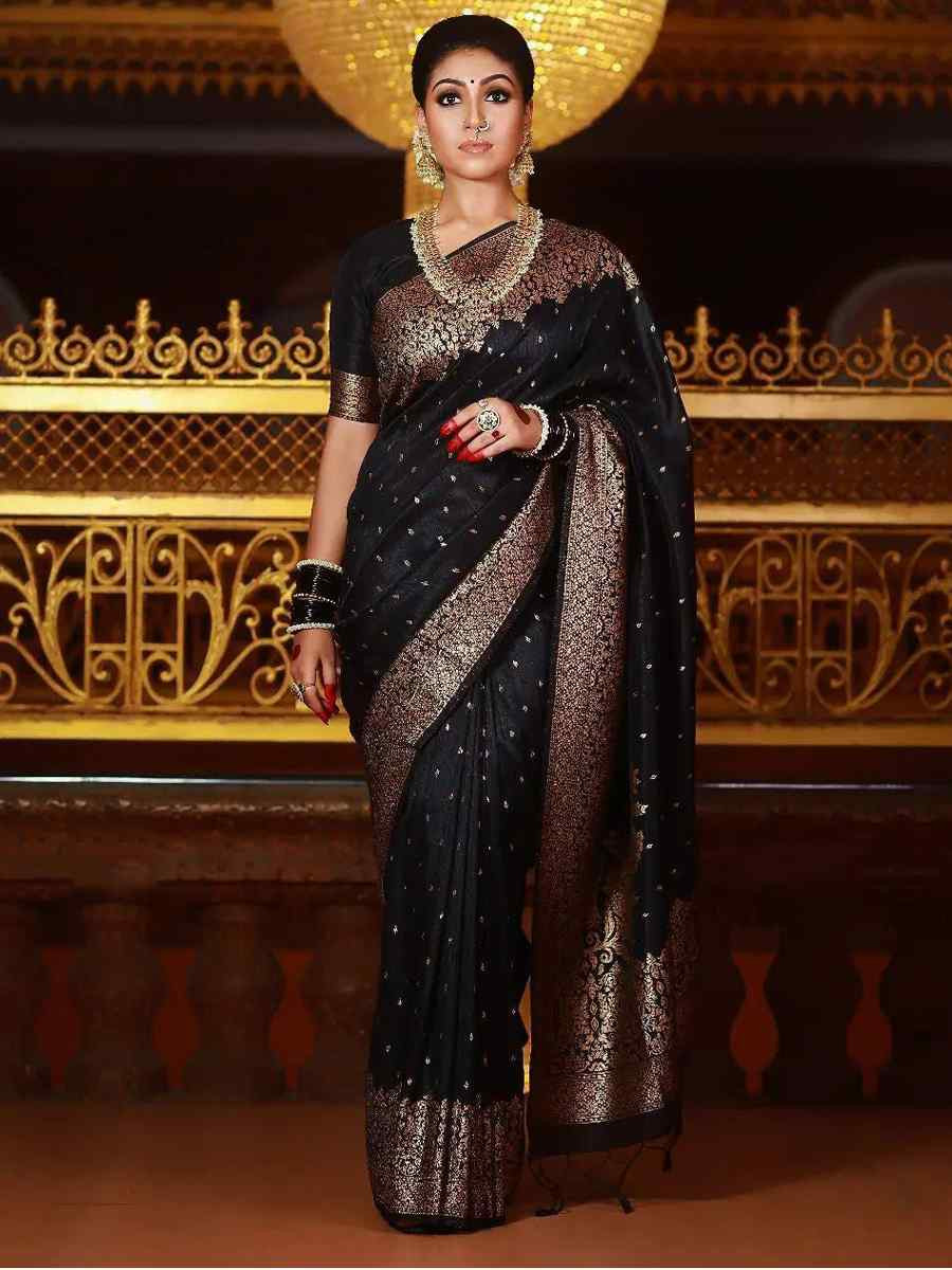 Black Banarasi Soft Silk Handwoven Festival Wedding Heavy Border Saree