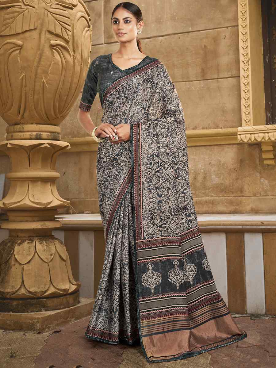 Black Beige Gajji Silk Handwoven Festival Casual Heavy Border Saree