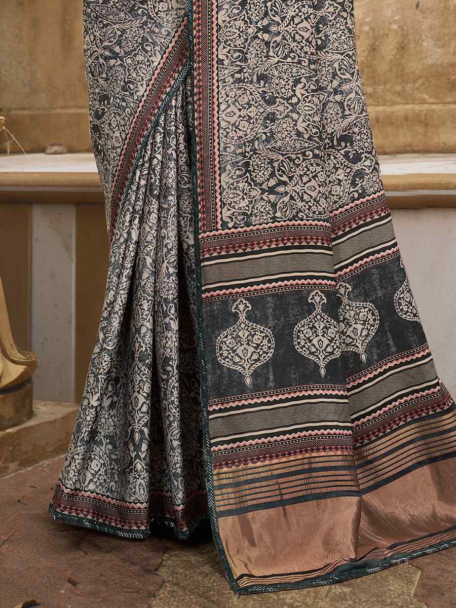 Black Beige Gajji Silk Handwoven Festival Casual Heavy Border Saree