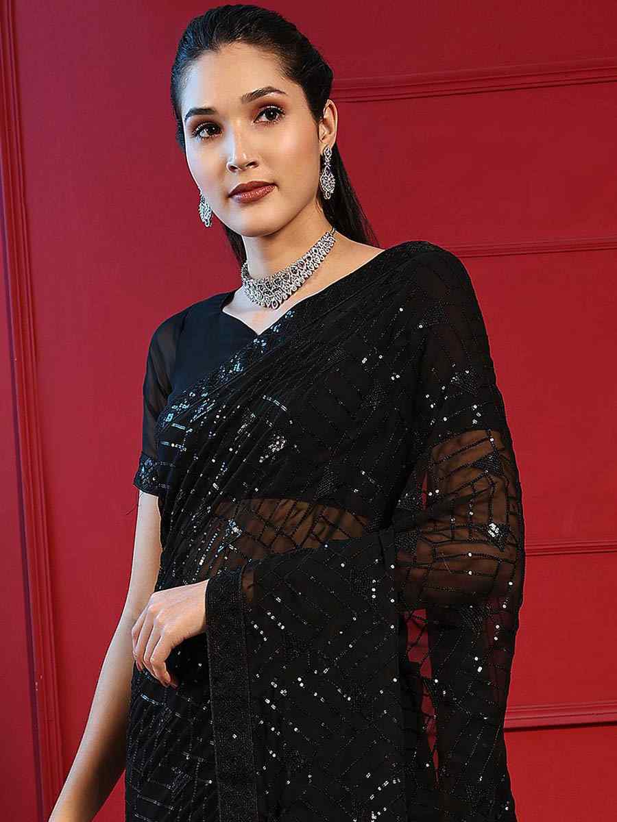 Black Blooming Georgette Sequins Party Wedding Classic Style Saree